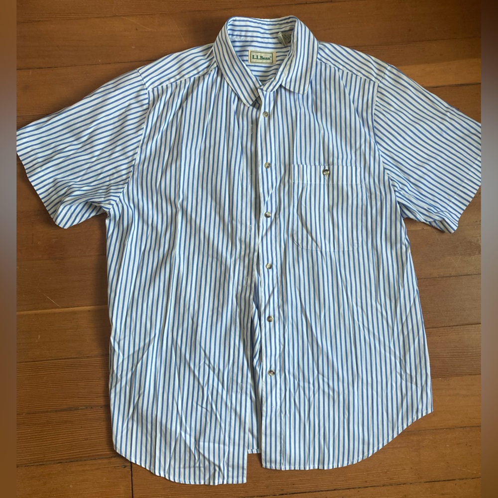 Women’s blue and white striped LL Bean short sleeve shirt. Size 14